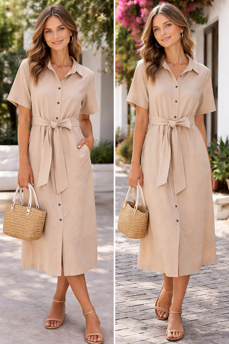 Cotton Button down Shirt Midi Dress M ,Beige Tie Waist Minimalist Preppy Chic